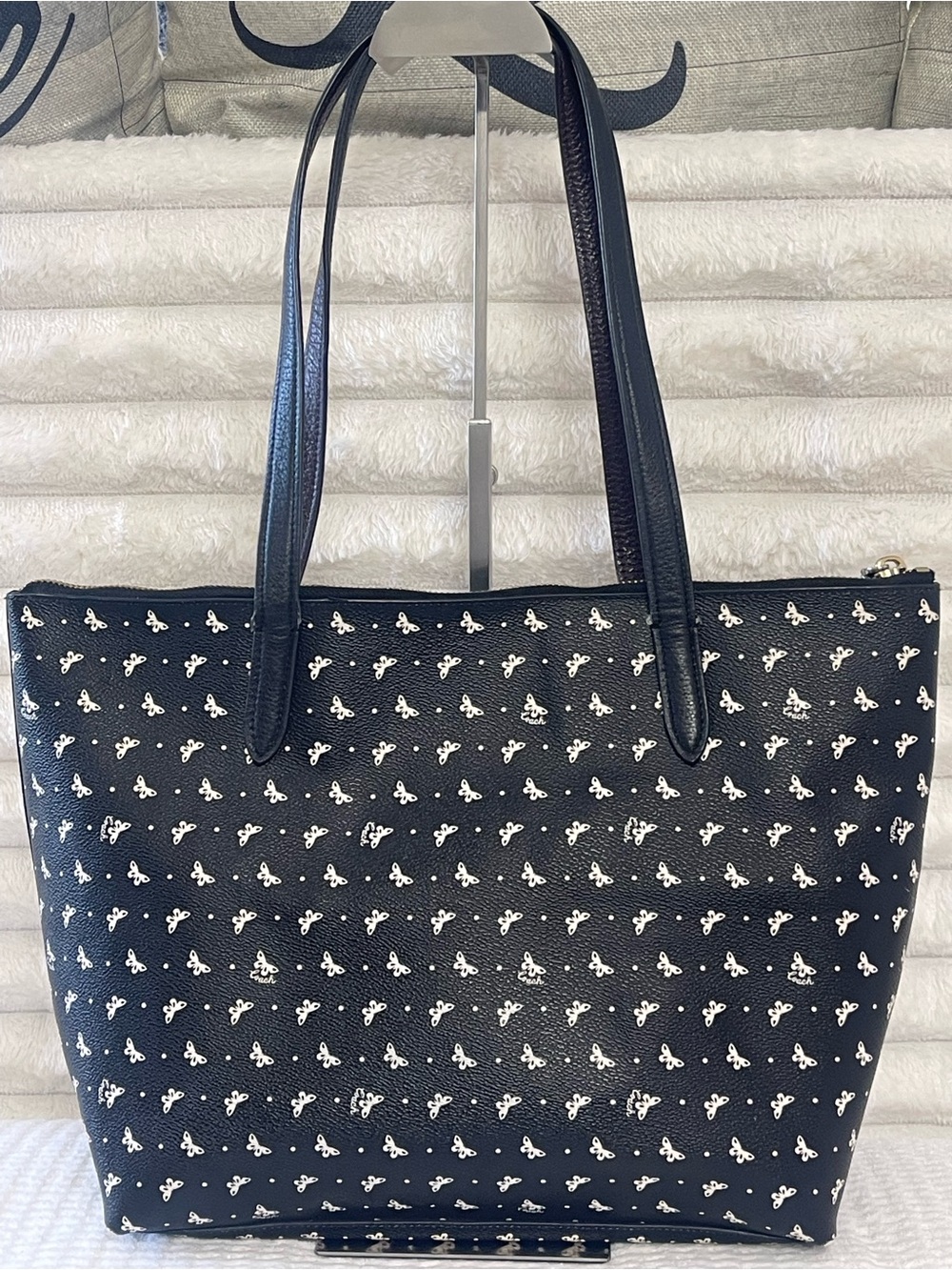 COACH Taylor Black Coated Canvas Tote with White Butterfly Signature Print - Picture 6 of 10